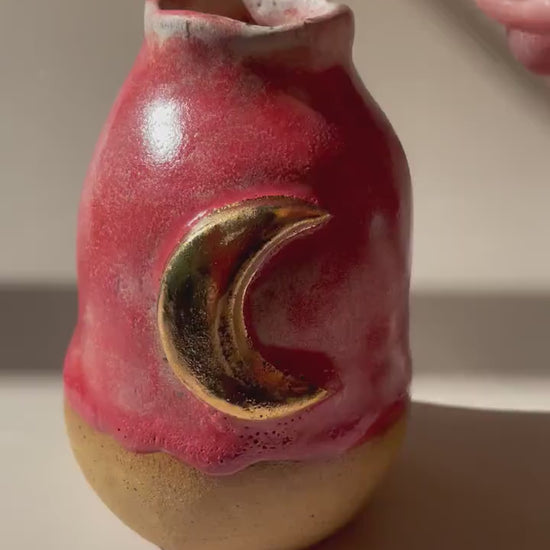 Crescent Moon Vase — Handbuilt Honey Clay Vessel with Pink Glaze and Gold Luster Moon