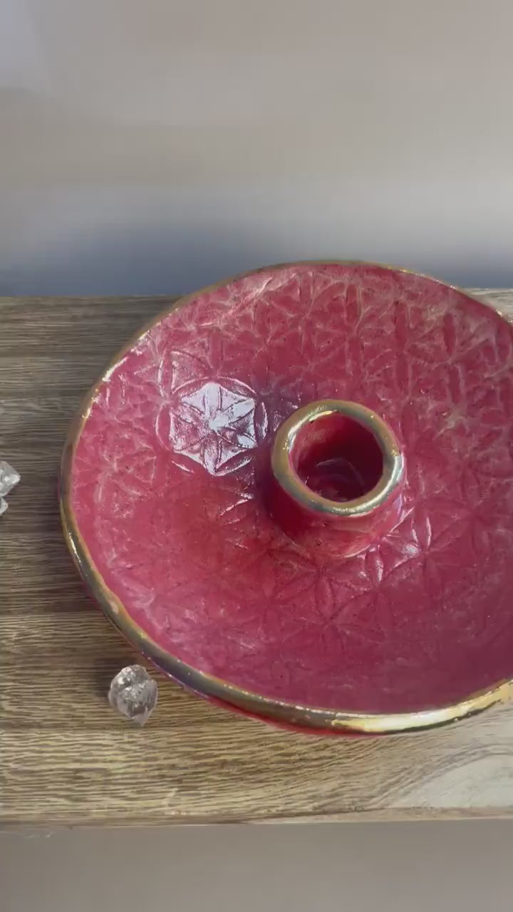 Flower of life handmade red with gold rim ceramic palo santo holder