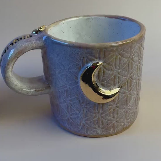 Sacred Flower of Life Lavender Mug with Gold Moon and Bee