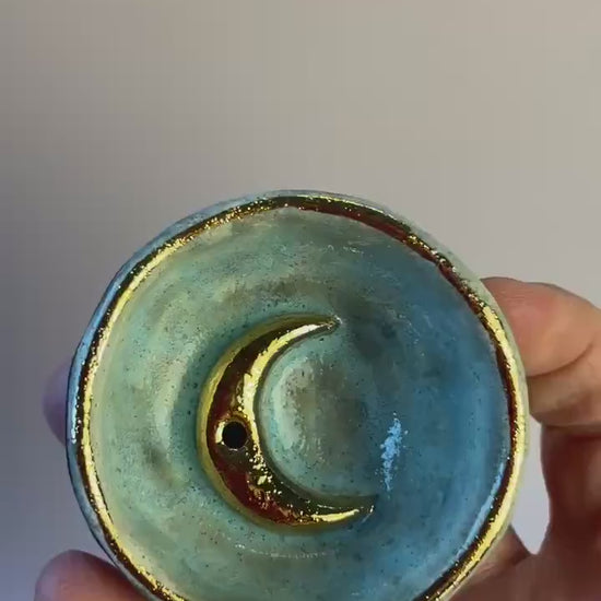 Handmade Aqua and Gold Crescent Moon Incense Holder | Ceramic Trinket Bowl for Jewelry and Sacred Objects