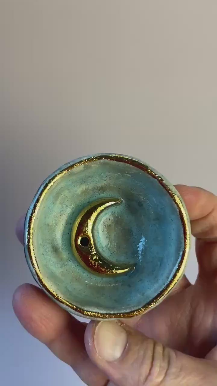 Handmade Aqua and Gold Crescent Moon Incense Holder | Ceramic Trinket Bowl for Jewelry and Sacred Objects