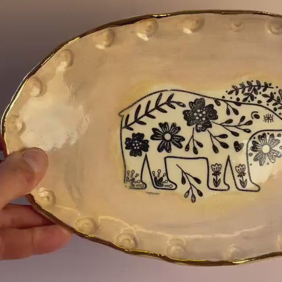 Handmade Ceramic Bear Dish – Oval Blush Pink Plate with Gold Rim – Decorative or Food-Safe Serving Dish