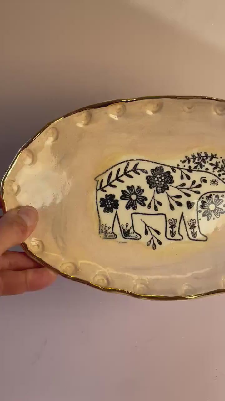 Handmade Ceramic Bear Dish – Oval Blush Pink Plate with Gold Rim – Decorative or Food-Safe Serving Dish