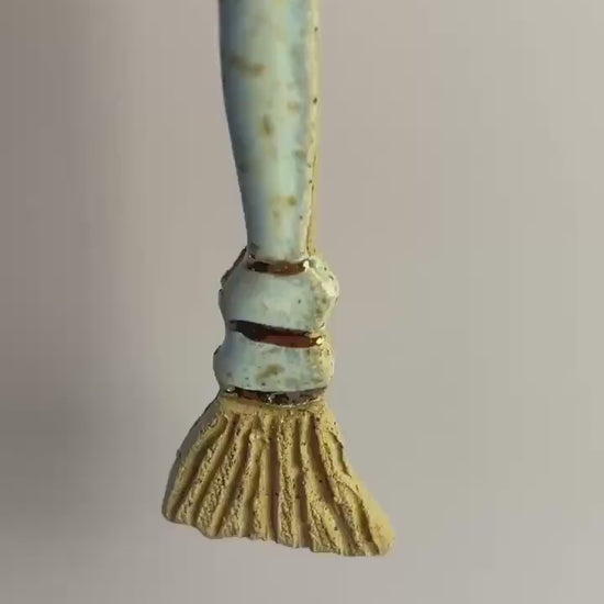 Ceramic Broom Ornament – Handcrafted Honey Clay Besom with Gold Luster | Light Blue & Opal Glaze | Hearth and Home Protection Charm