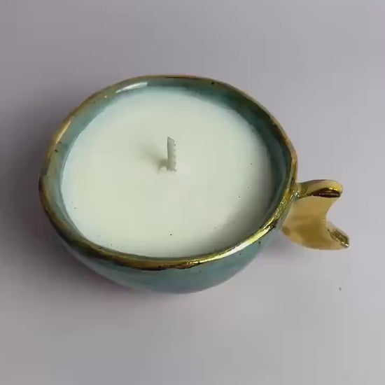 Turquoise Moon Vessel – Hand-Pinched Cup with Gold Luster Crescent Handle | Candle or Altar Cup