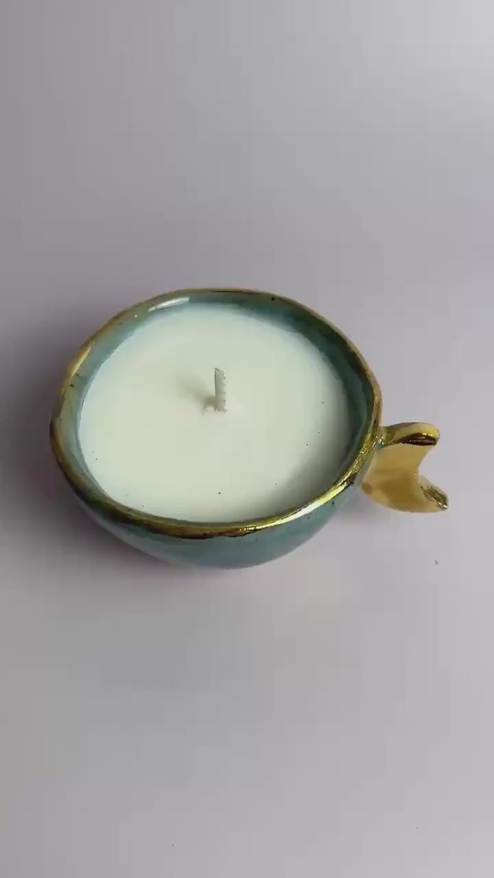 Turquoise Moon Vessel – Hand-Pinched Cup with Gold Luster Crescent Handle | Candle or Altar Cup
