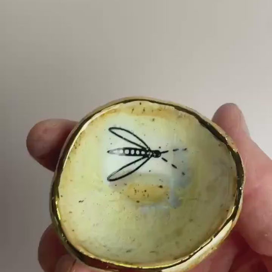 Tiny Firefly Bowl – Hand-Pinched Ceramic Dish in Golden Yellow Glaze with Gold Luster Edge | Symbol of Light and Renewal