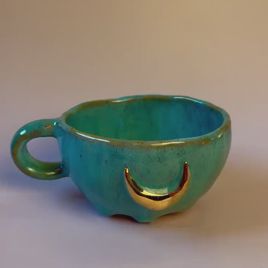 Turquoise gold crescent moon handmade ceramic mug or bowl