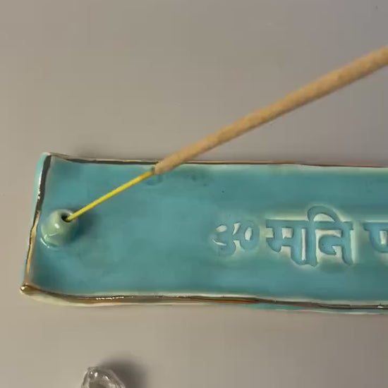 Handmade ceramic Om Mani Padme Hum green turquoise with gold Incense Holder
