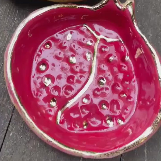 Sacred Pomegranate Offering Bowl — Small Hand-Pinched Honey Clay with Gold Luster Rim and Seeds
