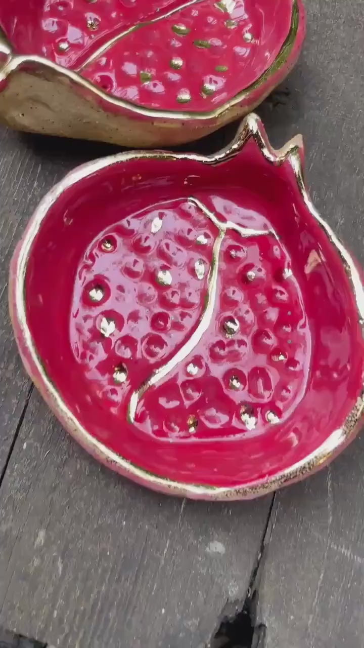 Sacred Pomegranate Offering Bowl — Small Hand-Pinched Honey Clay with Gold Luster Rim and Seeds