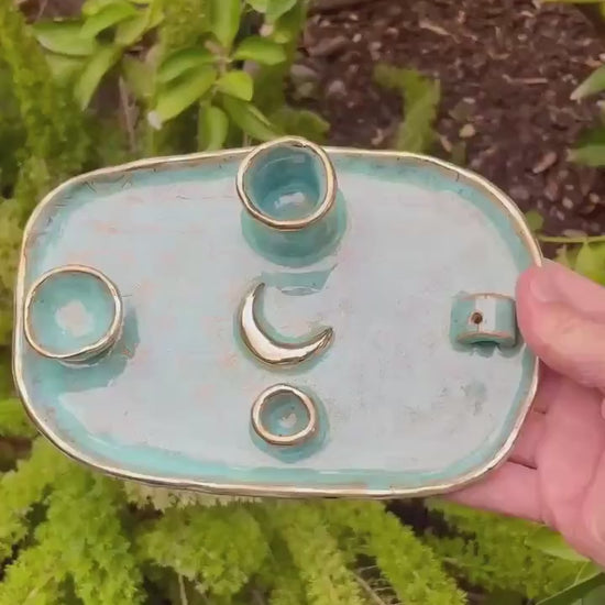 Turquoise Flower of Life Ritual Dish – Gold Crescent Moon, Four-Element Altar for Candle, Incense, and Offerings