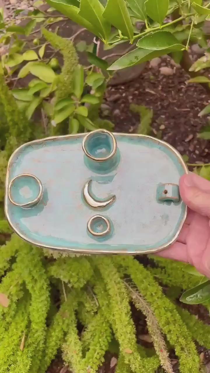 Turquoise Flower of Life Ritual Dish – Gold Crescent Moon, Four-Element Altar for Candle, Incense, and Offerings
