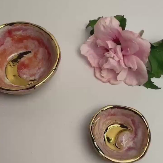 Mini Altar Bowl – Pink Ceramic Moon Dish with Gold Rim, Handmade Ritual Vessel