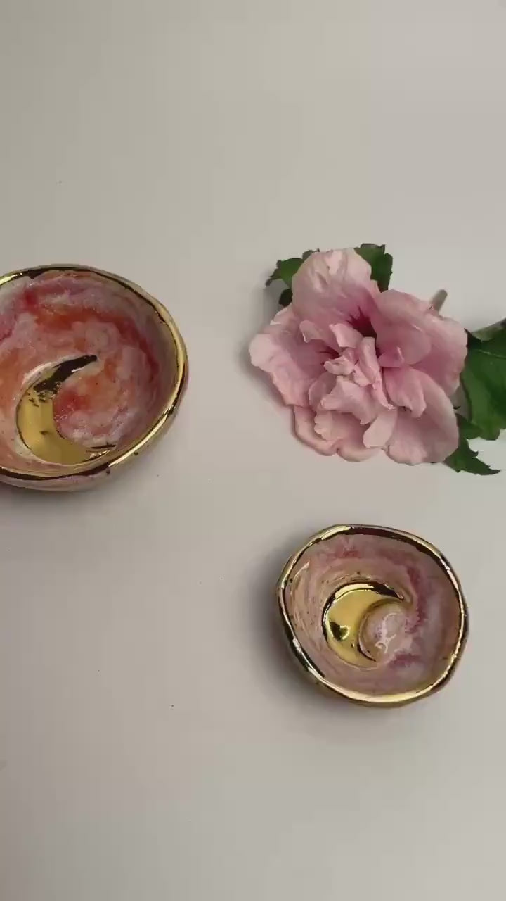 Mini Altar Bowl – Pink Ceramic Moon Dish with Gold Rim, Handmade Ritual Vessel