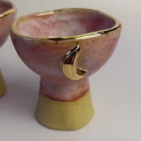 Pink Moon Altar Chalice – Hand-Built Honey Clay Ritual Vessel with Gold Crescent Moons