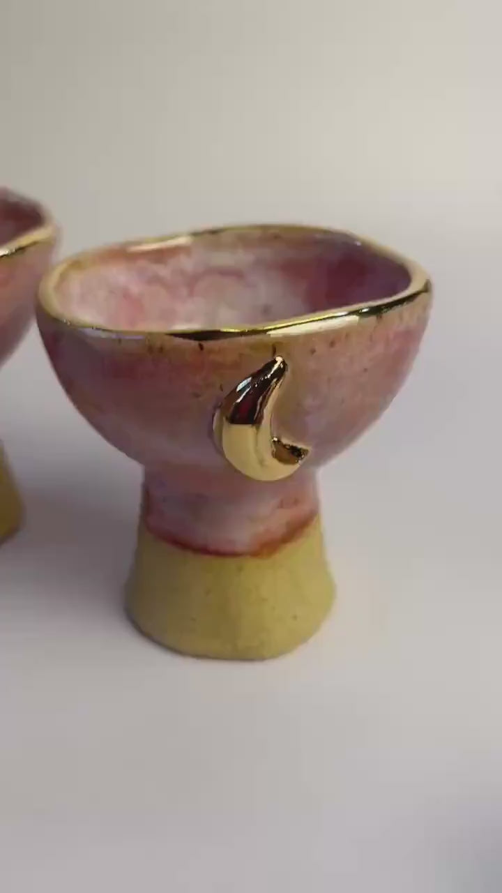 Pink Moon Altar Chalice – Hand-Built Honey Clay Ritual Vessel with Gold Crescent Moons