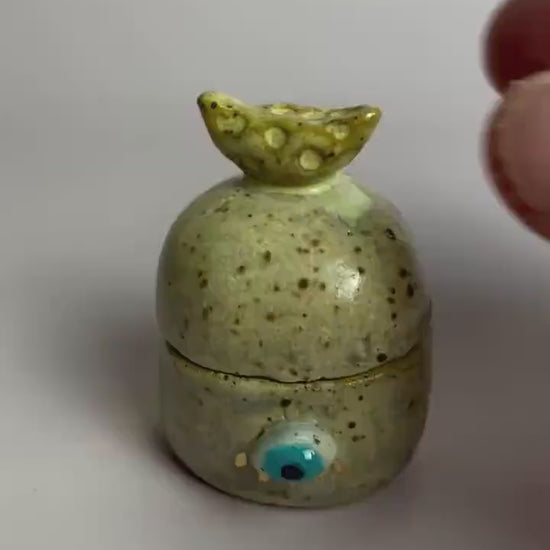 Moon Guardian Jar – Tiny Keepsake Vessel with Eyes and Gold Rays