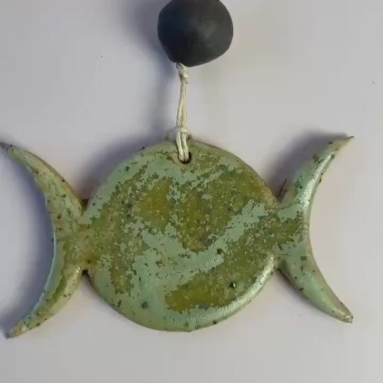 Triple Goddess Ornament – Matte Green with Dark Chocolate Clay Bead | Handcrafted Moon Symbol Wall Hanging | Earth Goddess Decor