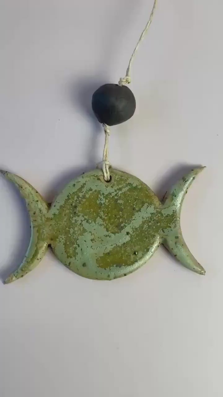 Triple Goddess Ornament – Matte Green with Dark Chocolate Clay Bead | Handcrafted Moon Symbol Wall Hanging | Earth Goddess Decor