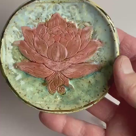 Handcrafted Lotus Trinket Dish – Pink Lotus on Aqua Green Glaze with Gold Luster Rim | 4” Ceramic Catch-All Dish
