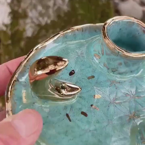 Turquoise Ritual Dish with Gold Moon – 4-Element Altar Tray for Candle, Incense, Palo Santo and Herbs