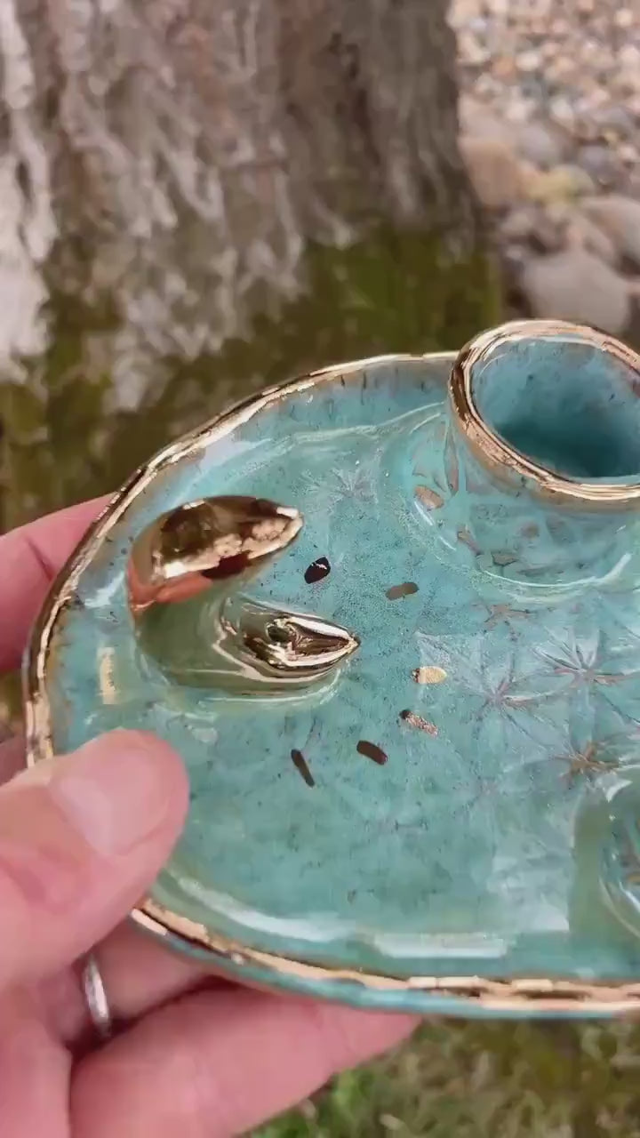 Turquoise Ritual Dish with Gold Moon – 4-Element Altar Tray for Candle, Incense, Palo Santo and Herbs