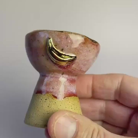 Small Pink Moon Altar Chalice – Hand-Built Honey Clay Ritual Vessel with Gold Crescent Moons