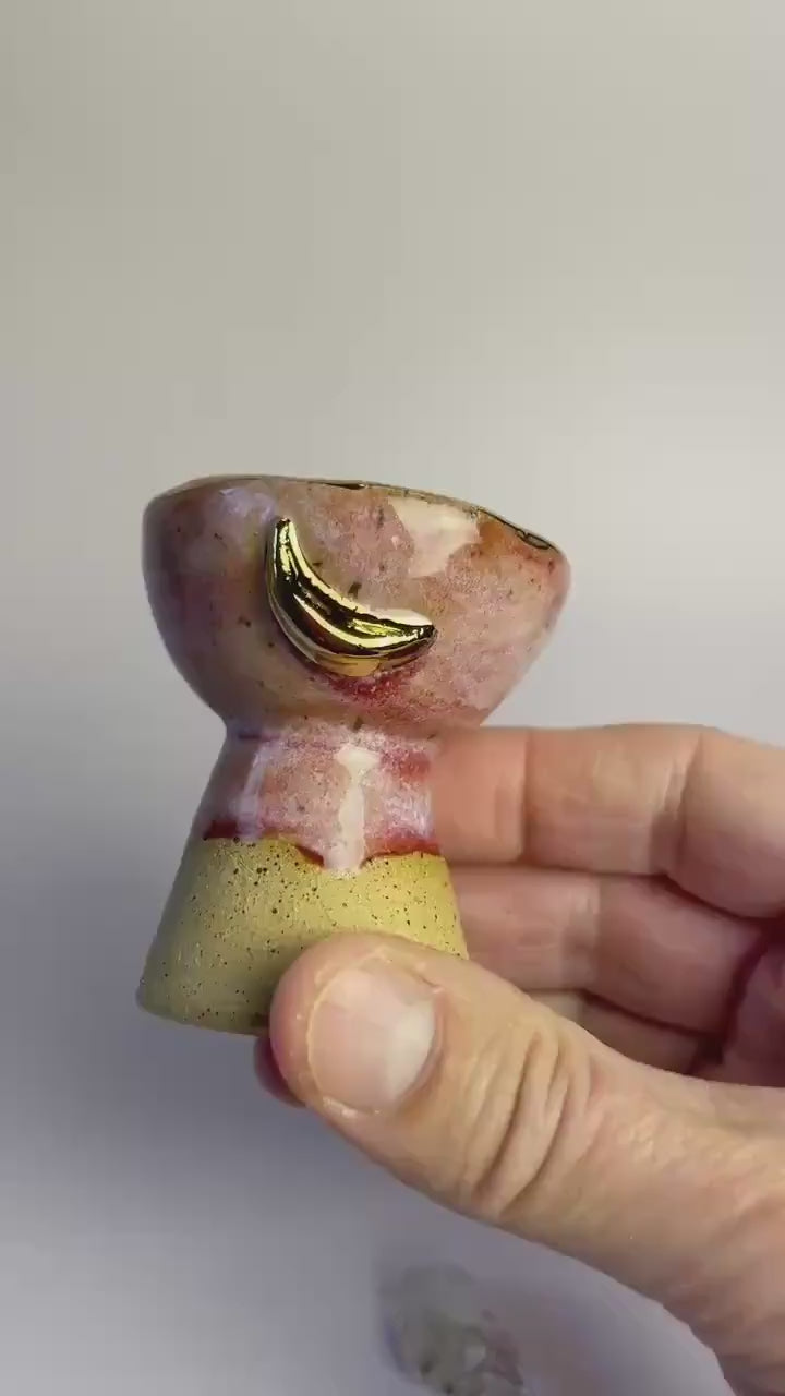 Small Pink Moon Altar Chalice – Hand-Built Honey Clay Ritual Vessel with Gold Crescent Moons