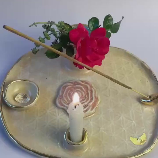 Divine Feminine Ritual Dish – Flower of Life • Gold Luster Moon • Rose Symbol • Bee Vase • Multi-Use Altar Tray (8x7”)