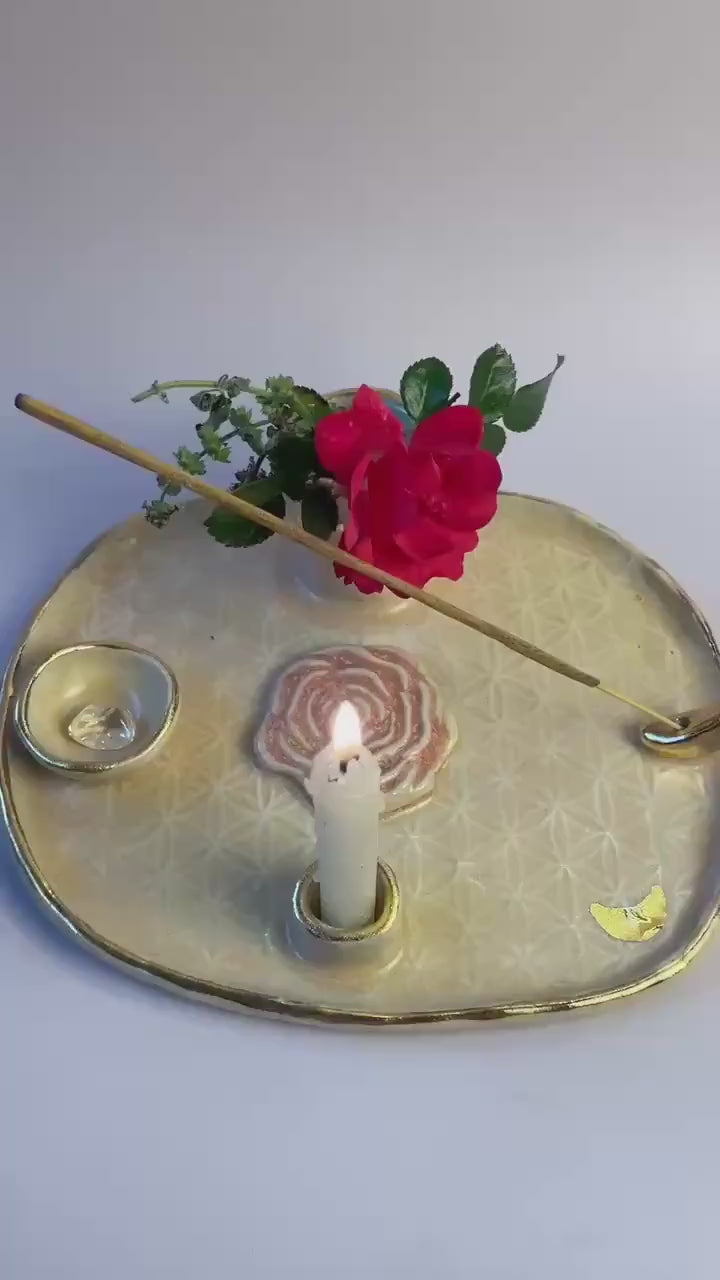 Divine Feminine Ritual Dish – Flower of Life • Gold Luster Moon • Rose Symbol • Bee Vase • Multi-Use Altar Tray (8x7”)
