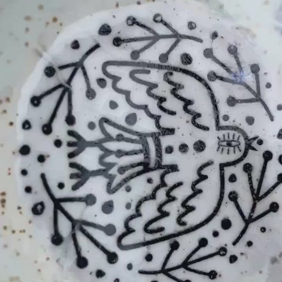 Handmade Ceramic Trinket Dish – Bird and Wave Design with Gold Luster – Decorative Art Bowl