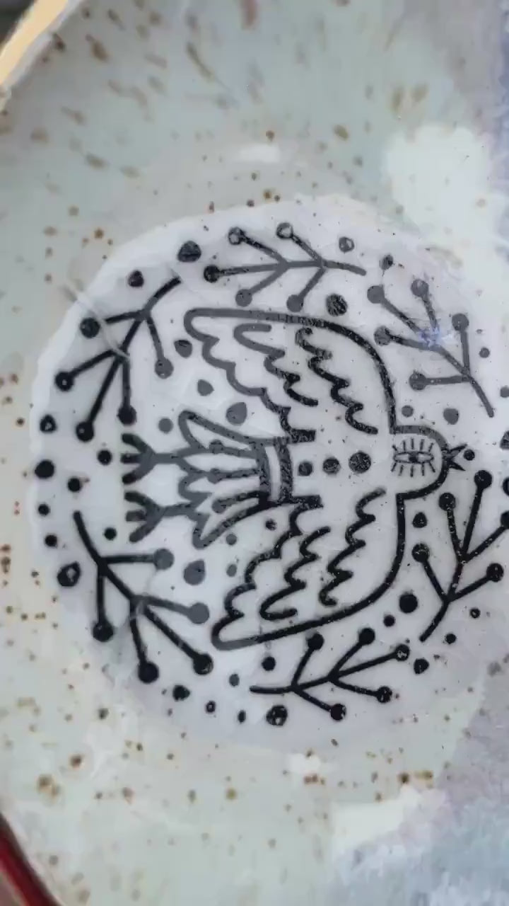 Handmade Ceramic Trinket Dish – Bird and Wave Design with Gold Luster – Decorative Art Bowl