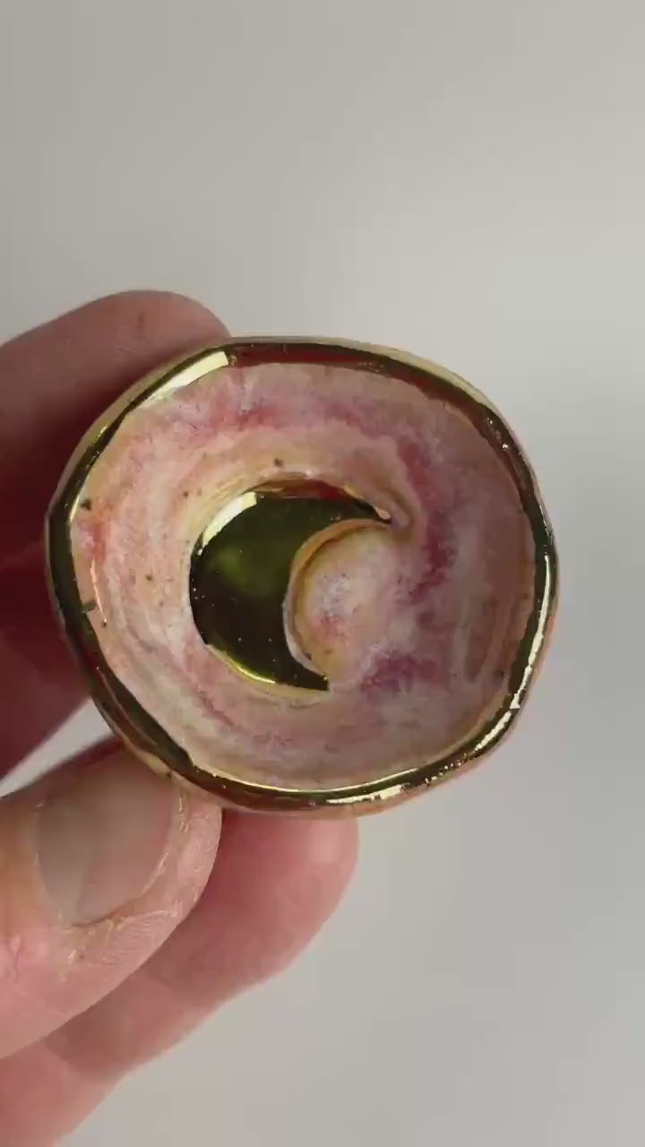 Tiny Gold Crescent Moon Dish – Hand-Formed Ceramic Bowl in Pink Glaze with Gold Luster Rim | Mini Altar or Jewelry Dish