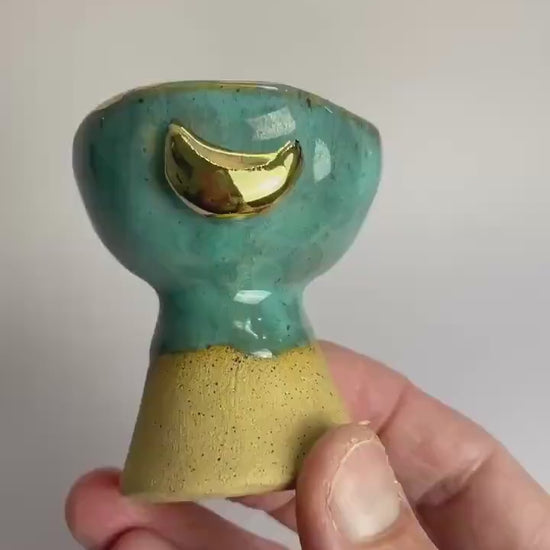 Small Turquoise Moon Altar Chalice – Hand-Built Honey Clay Ritual Vessel with Gold Crescent Moonsl