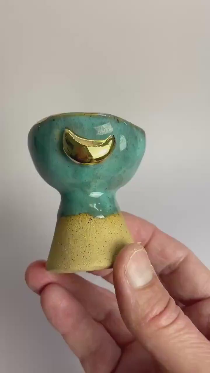 Small Turquoise Moon Altar Chalice – Hand-Built Honey Clay Ritual Vessel with Gold Crescent Moonsl