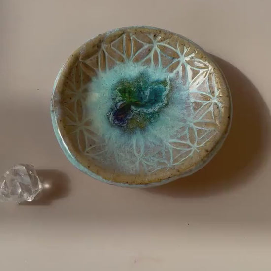Flower of Life Ring Dish — Honey Clay with Aqua Glaze and Fused Glass Center