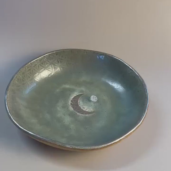 Handmade ceramic gray flower of life silver crescent moon dish