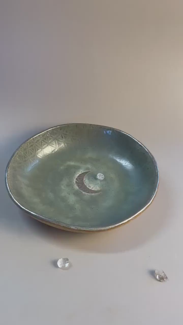 Handmade ceramic gray flower of life silver crescent moon dish