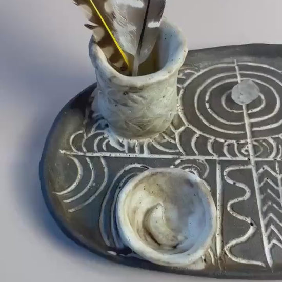 Handmade ceramic four element ritual dish with Megalithic carvings