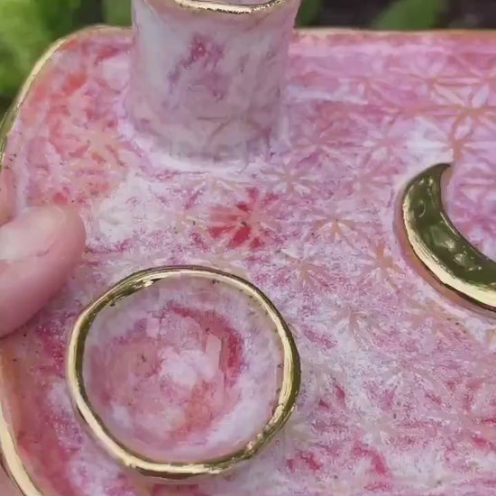 Pink Flower of Life Ceramic Ritual Dish – Gold Crescent Moon, Four-Element Altar for Candle, Incense, and Offerings