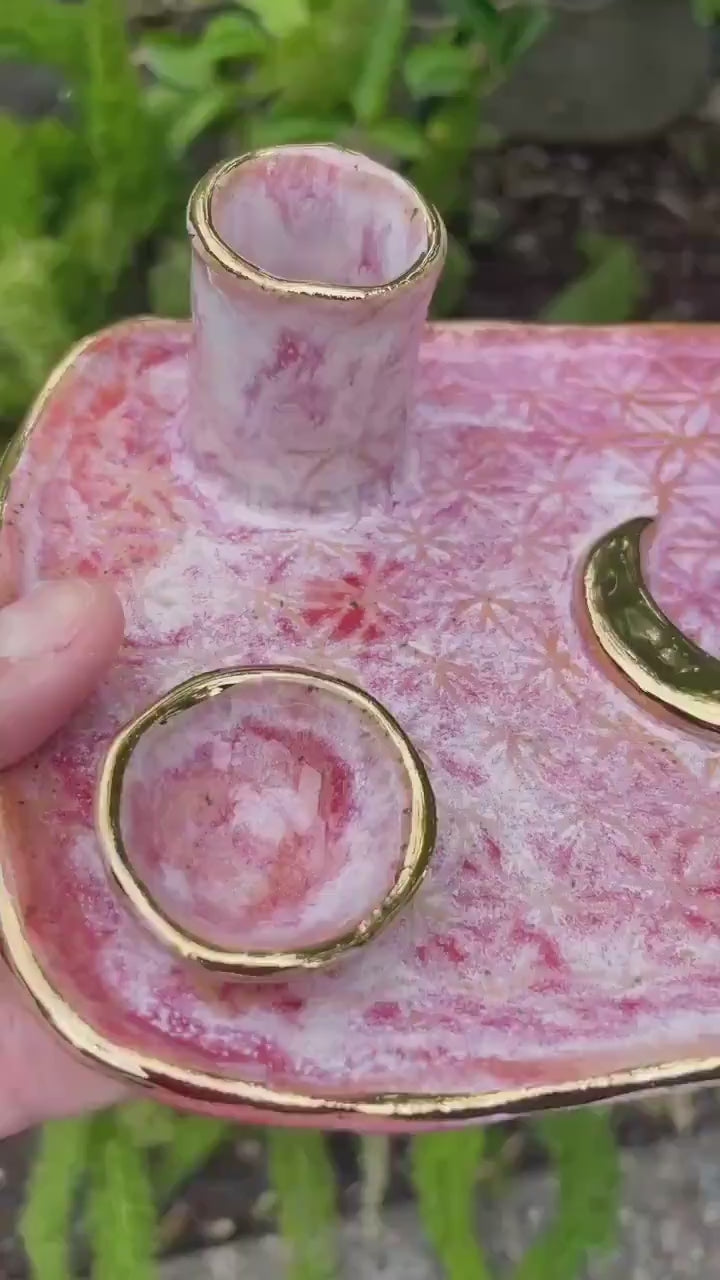 Pink Flower of Life Ceramic Ritual Dish – Gold Crescent Moon, Four-Element Altar for Candle, Incense, and Offerings