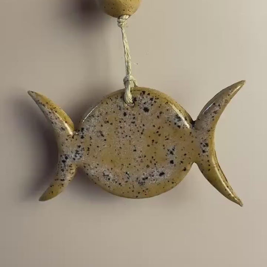 Triple Goddess Ornament – Lavender Indigo Speckle with Honey Clay Bead | Handcrafted Moon Symbol Wall Hanging | Feminine Divine Decor