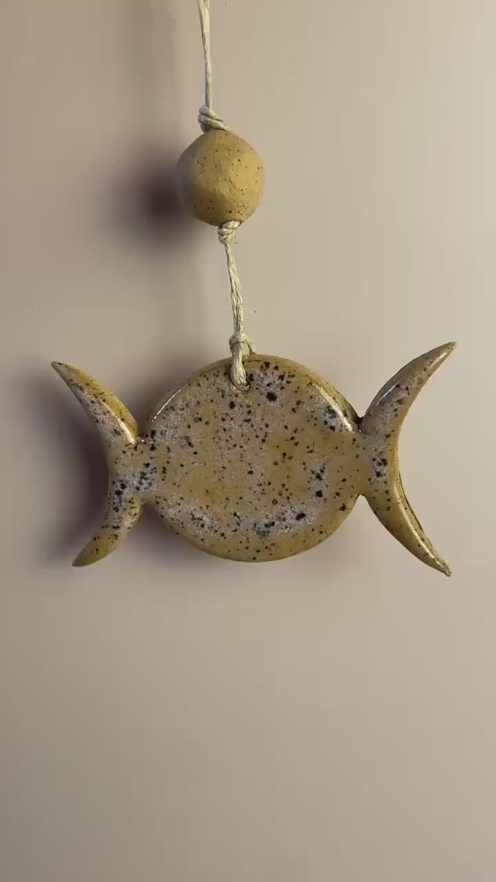 Triple Goddess Ornament – Lavender Indigo Speckle with Honey Clay Bead | Handcrafted Moon Symbol Wall Hanging | Feminine Divine Decor