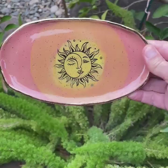 Sun Moon Trinket Dish – Coral, Orange and Yellow Glaze with Gold Luster Rim