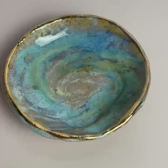 Small Galaxy Swirl Trinket Dish — Crystal Charging and Altar Bowl in Icy Lavender Blue and Emerald Glaze