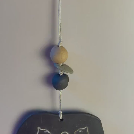 Inanna’s Guardians | Ceramic Wall Talisman with Cheetahs, Berkana Rune Bead & Hag Stone