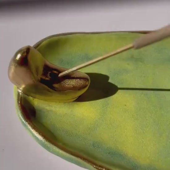 Handmade Ceramic Incense Holder with Gold Luster Moon – Dual Use Incense Burner and Trinket Dish