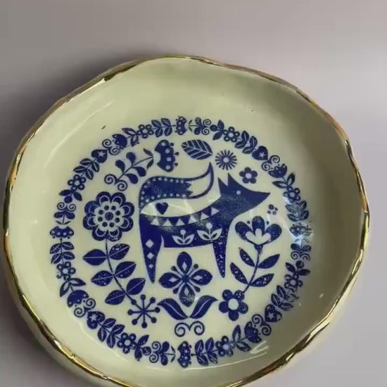 Handmade Ceramic Bowl – Cobalt Fox Design with Gold Luster Rim – Hand-Built White Clay
