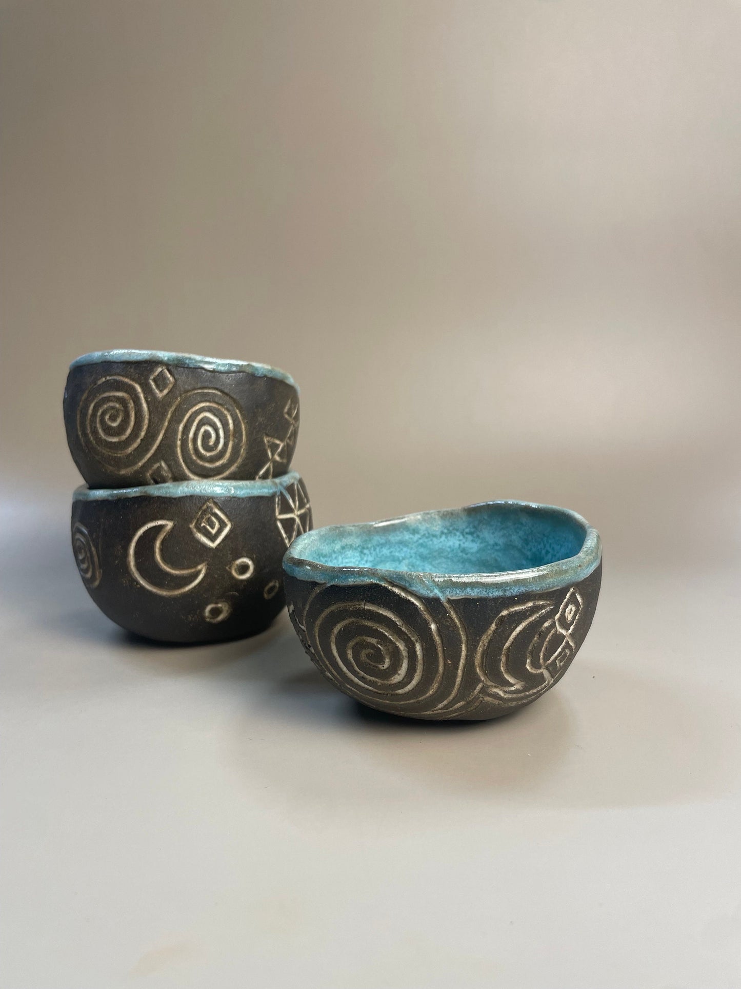 Handmade ceramic Newgrange inspired carved ritual cups